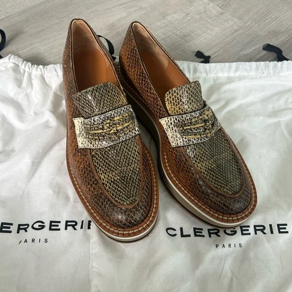 Robert Clergerie leather snakeskin animal-print brown Platform wedge Loafer 36.5 - Picture 2 of 7